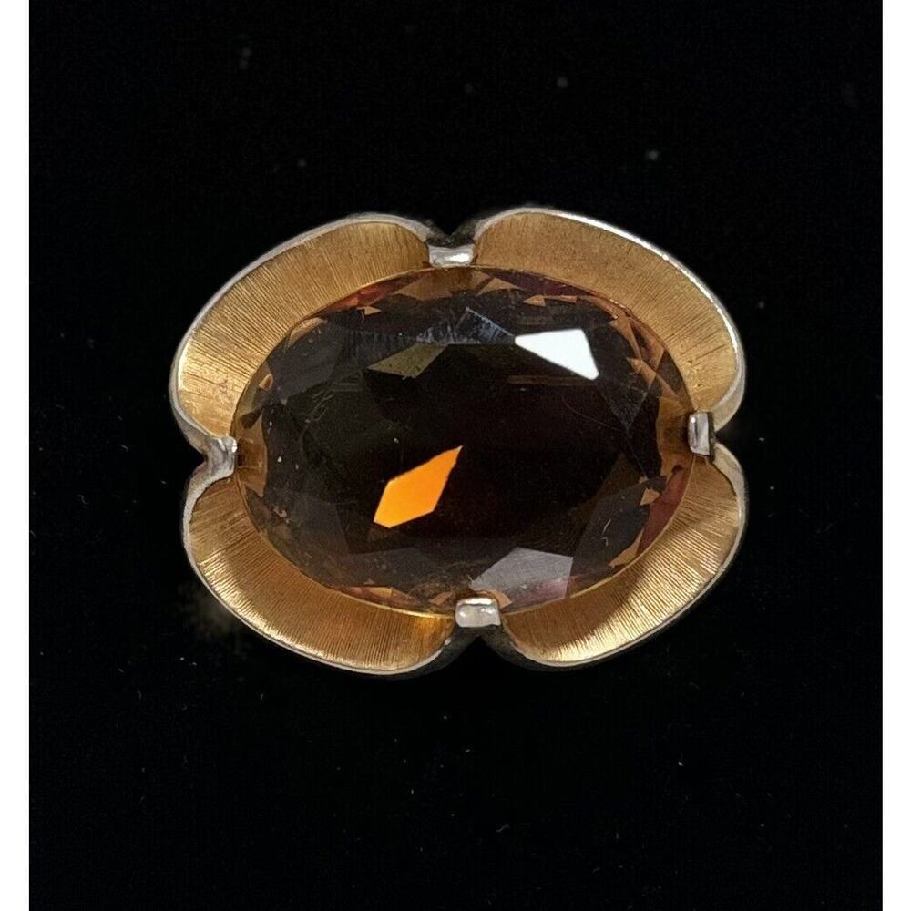 Vintage Gold Tone Huge Chunky Czech Amber Faceted Glass Brooch